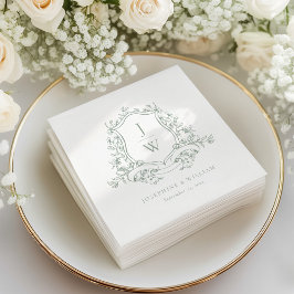 Sagegrön monogram blomsterkrön elegant bröllop pappersservett