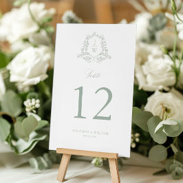 Sagegrön monogram blomsterprydd vapensköld elegant bordsnummer