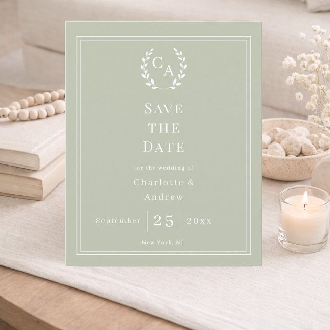 Sagegrön monogram krans bröllop Save the Date  (Skapare uppladdad)
