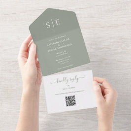 Sagegrön monogram QR-kod Minimalistisk bröllopsinb