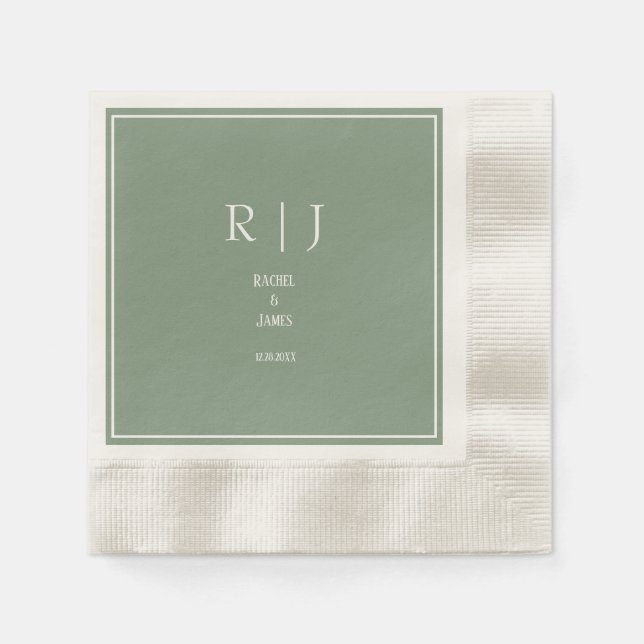 Sagegrön monograminitial modern trendig bröllopsde pappersservett (Framsidan)