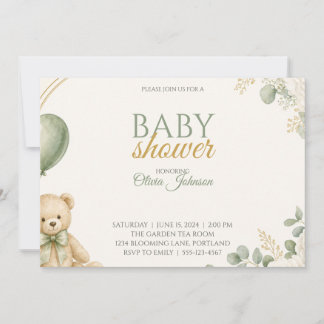 Sagegrön nallebjörn Baby Shower-inbjudan Inbjudningar
