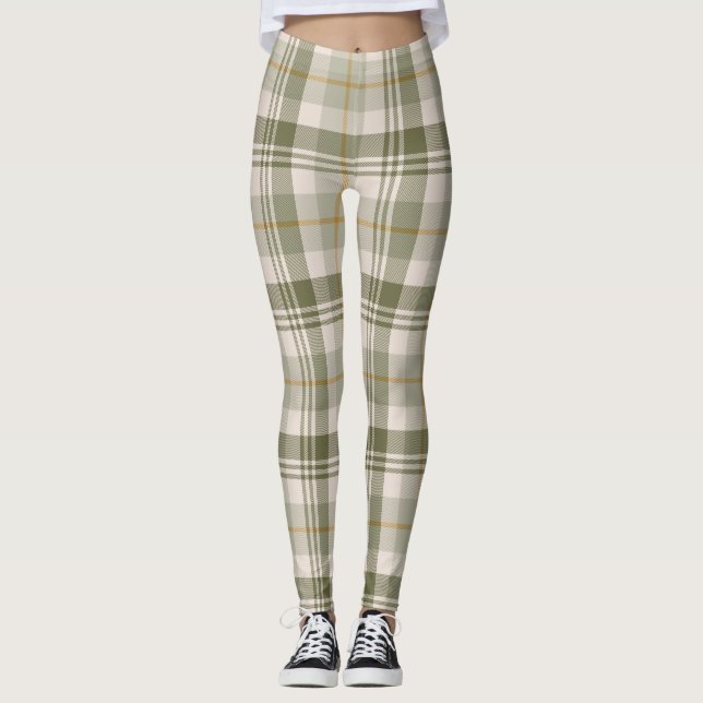 Sagegrön neutral rutig mönster leggings (Framsida)