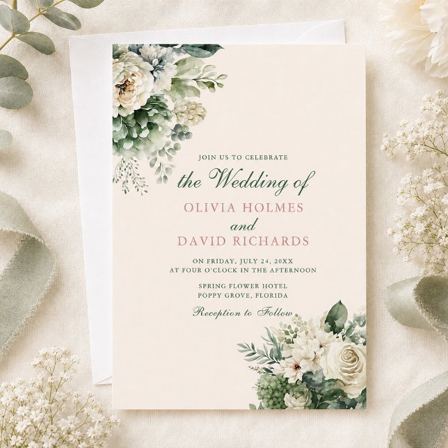 Sagegrön och elfenbensfärgad blombröllop inbjudningar (Boho Sage Green and Ivory Floral Wedding Invitation on a table with flowers and green ribbons)