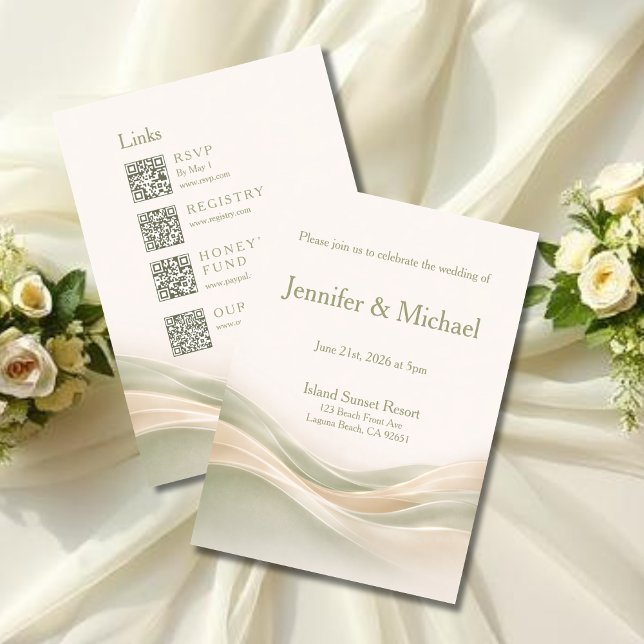 Sagegrön och elfenbensvit bröllopsdräkt i ett styc inbjudningar (Sage Green and Ivory Wedding All in One Invitation)
