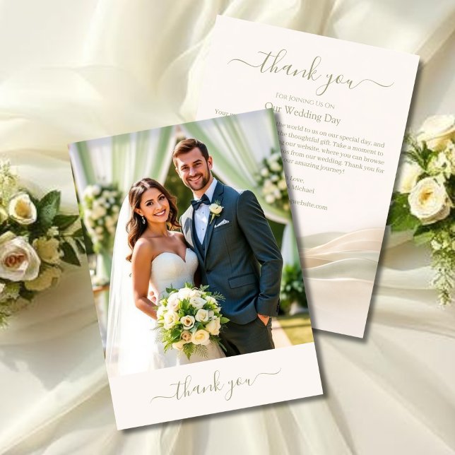 Sagegrön och elfenbensvit brölloskop tackkort tack kort (Sage Green and Ivory Wedding Thank You Card )