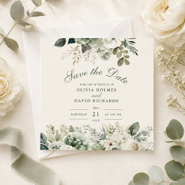 Sagegrön och elfenbensvit vildblomma Save the Date Spara Datumet