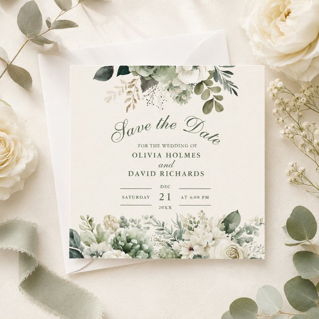Sagegrön och elfenbensvit vildblomma Save the Date Spara Datumet (Sage Green and Ivory Wildflower Save the Date Card on a table with ivory flowers and green ribbon)