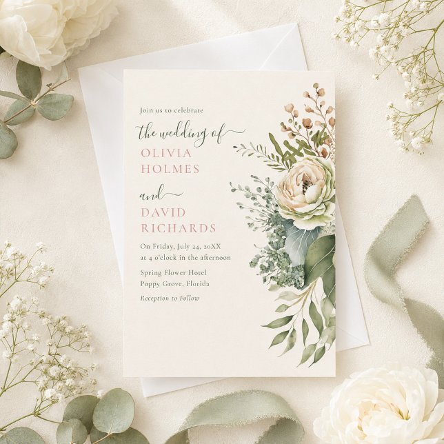 Sagegrön och elfenbensvita vildblommor bröllop inbjudningar (Boho Sage Green and Ivory Widlflowers Wedding Invitation on a table with white flowers and ribbons)