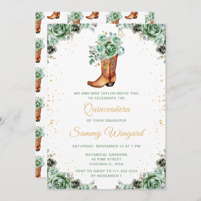 Sagegrön och guldblommig cowboyboot Quinceañera Inbjudningar (Fram/baksida)