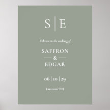 Sagegrön och guldmonogram välkomstskylt för bröllo