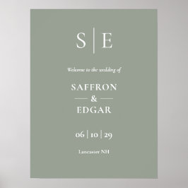 Sagegrön och guldmonogram välkomstskylt för bröllo poster