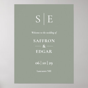 Sagegrön och guldmonogram välkomstskylt för bröllo poster