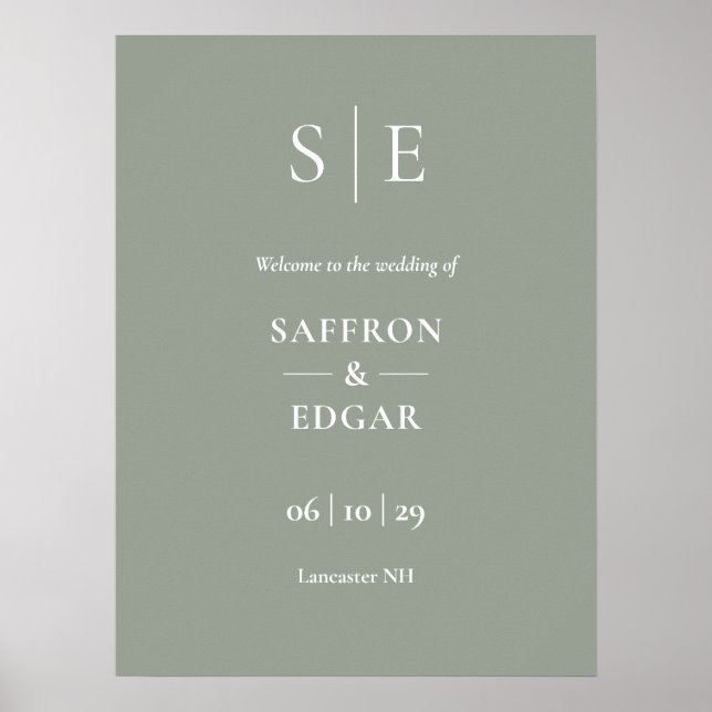 Sagegrön och guldmonogram välkomstskylt för bröllo poster (Framsidan)