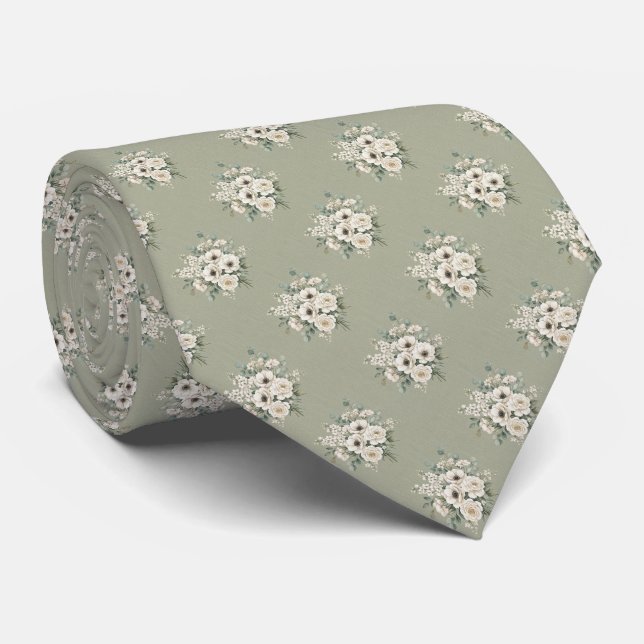 Sagegrön och krämfärgad blomsterbukett  slips (Rullad)