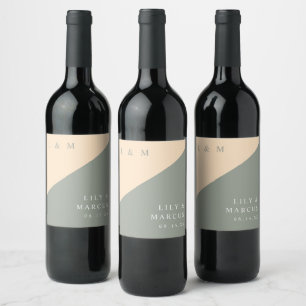 Sagegrön och krämmodern monogram bröllop vinflaska etikett