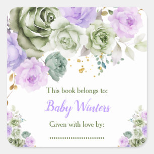 Sagegrön och lila blomster baby shower bokmärke fyrkantigt klistermärke