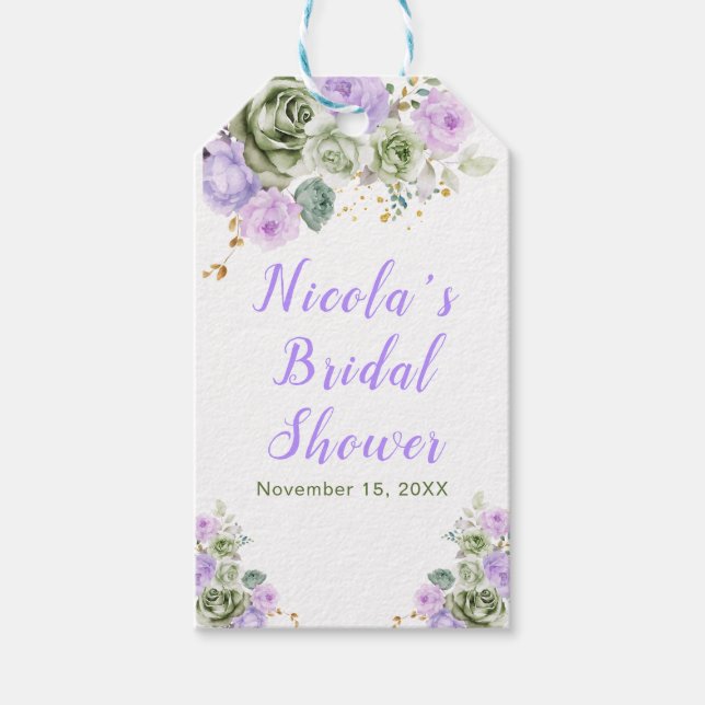 Sagegrön och lila blomsterbröllopsfest presentetikett (Framsidan)