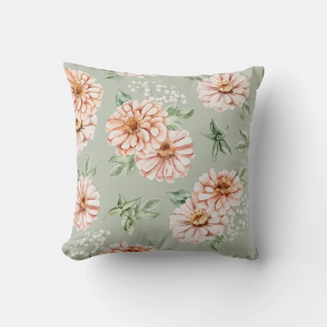 Sagegrön och persikofärgad akvarell Zinnia-kudde Kudde (Framsida)