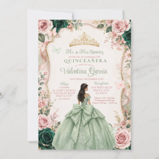 Sagegrön och rosabruden Quinceañera-inbjudan Inbjudningar