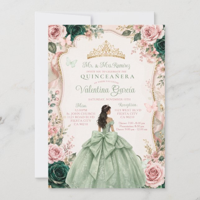 Sagegrön och rosabruden Quinceañera-inbjudan Inbjudningar (Framsida)