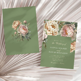 Sagegrön och rosafärgad peony bröllopsinbjudan inbjudningar