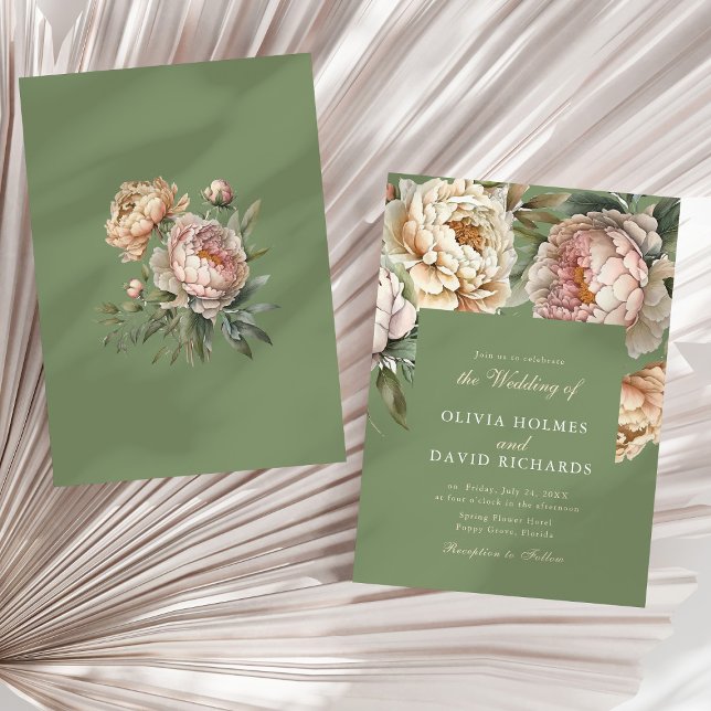 Sagegrön och rosafärgad peony bröllopsinbjudan inbjudningar (Sage Green and Blush Pink Peony Wedding Invitation (front & back) on a sunny neutral dry palm leaf )
