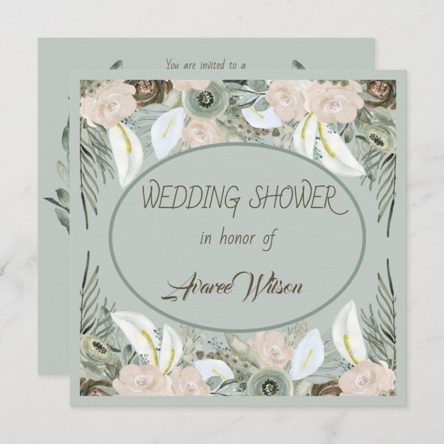 Sagegrön och vaniljcrème dusch inbjudningar (Fram/baksida)