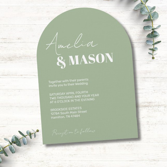 Sagegrön och vit båge Minimal Bröllop Inbjudningar (Sage Green and White Arch Minimal Wedding Invitation)
