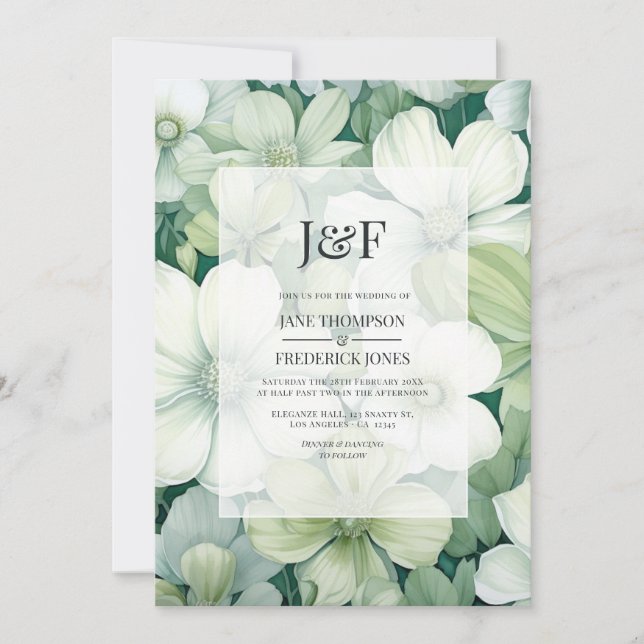 Sagegrön och vit blomsterbröllopsmonogram inbjudningar (Framsida)
