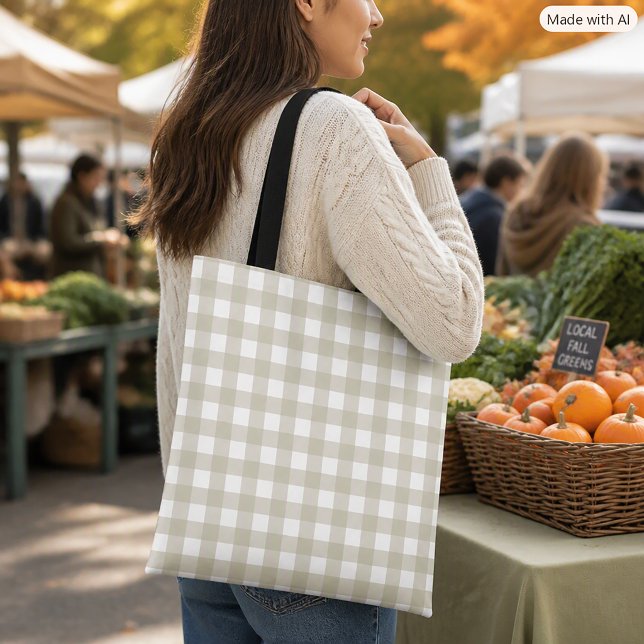 Sagegrön och vit Gingham-rutig mönster Tygkasse (A tote bag with a sage green and white gingham plaid pattern.)