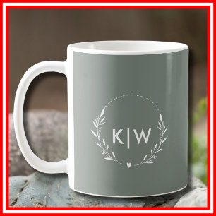 Sagegrön och Vit Moderna Initialer Monogram Kaffemugg