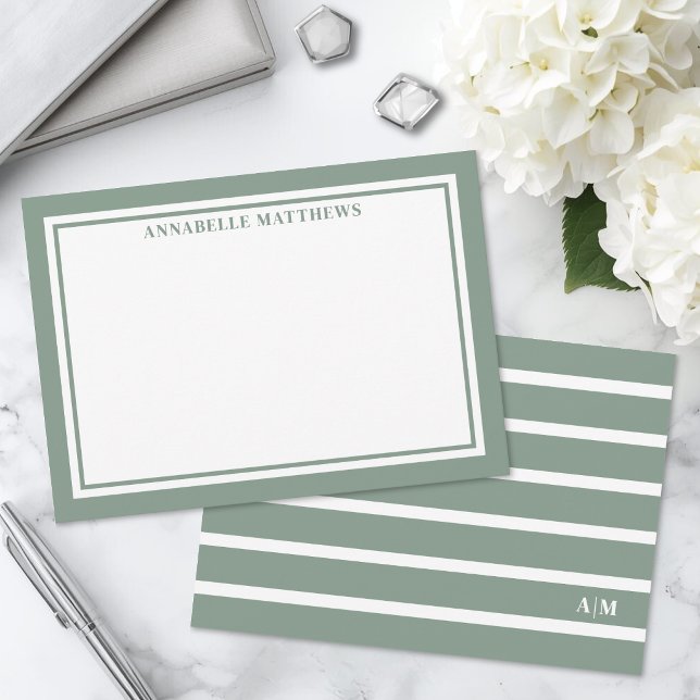 Sagegrön och vit randig monogram anteckningskort (Sage Green And White Striped Monogram Note Card )