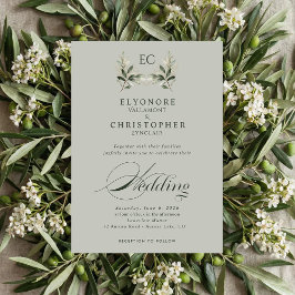 Sagegrön olivkvistmonogram fotobryllop inbjudningar