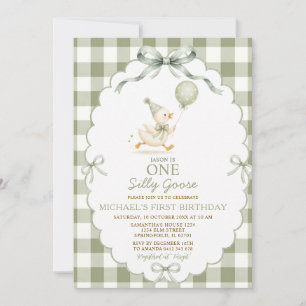 Sagegrön One Silly Goose 1-års Gingham Inbjudningar