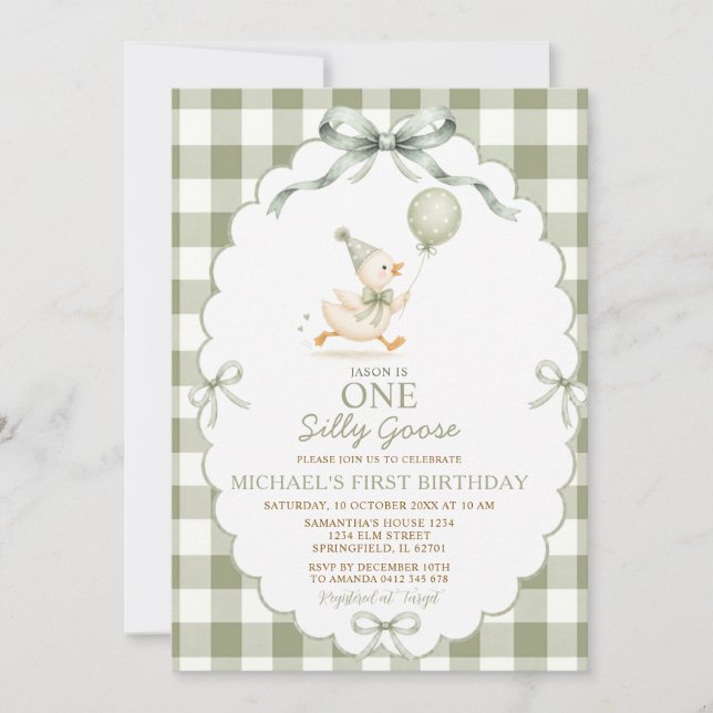Sagegrön One Silly Goose 1-års Gingham Inbjudningar (Framsida)