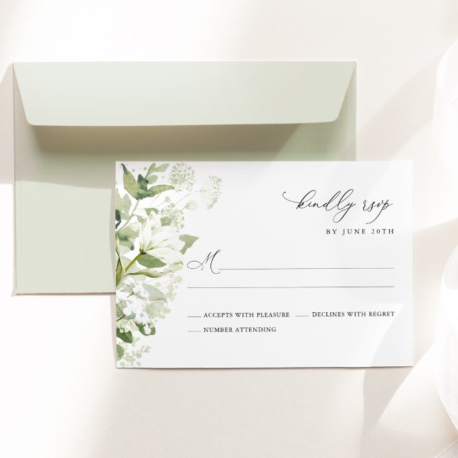 Sagegrön Organisk Grönska Bröllop OSA Kort (Sage green organic greenery watercolor wedding RSVP card with botanical florals & elegant typography)