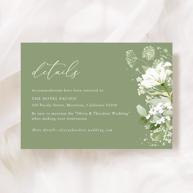 Sagegrön Organisk Grönska Bröllopsdetaljer Hotell Tilläggskort (Sage green organic greenery wedding details accommodation enclosure card with watercolor florals)