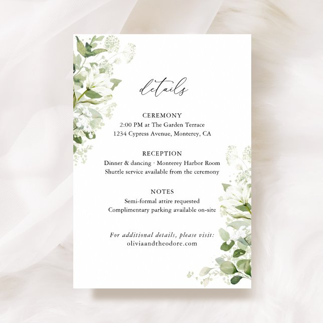 Sagegrön Organisk Grönska Bröllopsdetaljer, Info Tilläggskort (Sage green organic greenery wedding details card with watercolor florals, botanical info enclosure)