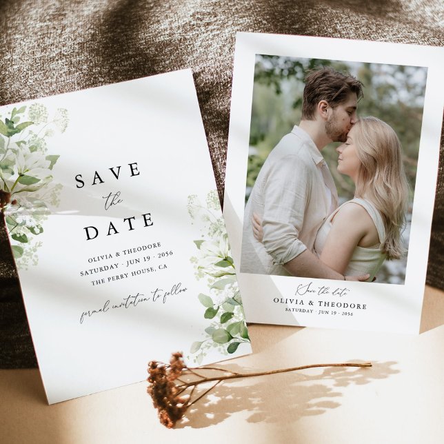 Sagegrön Organisk Grönska Foto Bröllop Spara Datumet (Sage green organic greenery photo save the date wedding card with botanical florals and elegant)