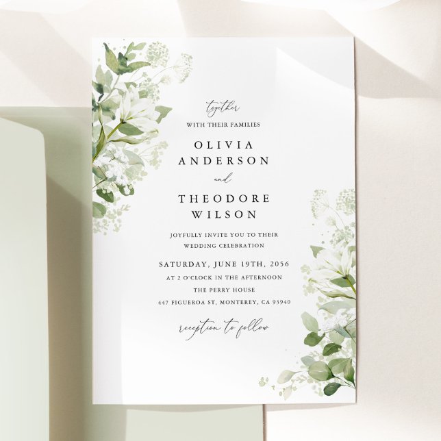 Sagegrön Organisk Grönska Watercolor Bröllop Inbjudningar (Sage green organic greenery wedding invitation, watercolor wild florals, elegant modern classic)