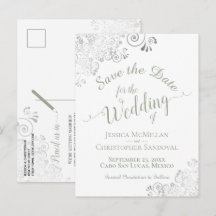Sagegrön på vit spetsbröllop Save the Date