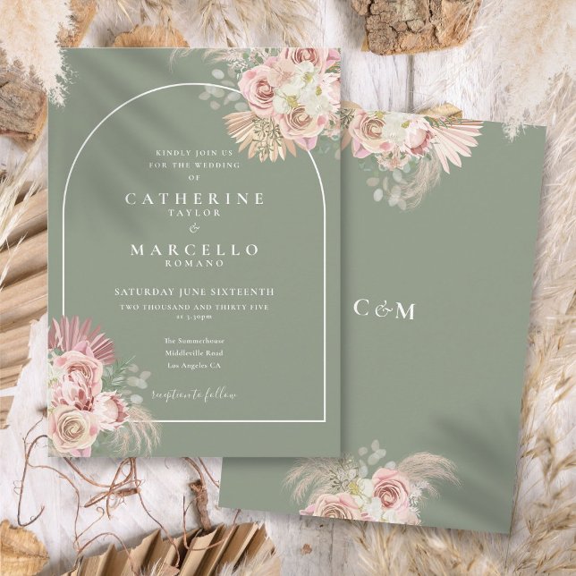 Sagegrön Pampasgräs Boho-båge Blommig  Inbjudningar (Sage Green Pampas Grass Boho Arch Floral Invitation)