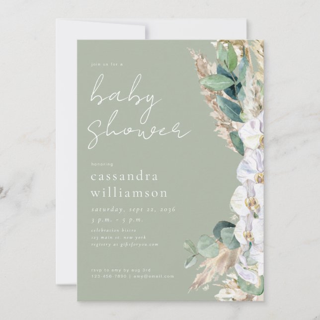 Sagegrön Pampasgräs Boho Blommig Bebisdopp Inbjudningar (Framsida)