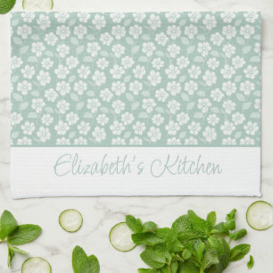 Sagegrön Pastell Ljus Mint Vit Boho Blommor Kökshandduk