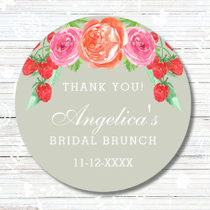 Sagegrön Persika Peony Bröllopsbrunch Tackkort Runt Klistermärke