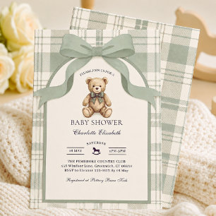 Sagegrön Plaid Gingham Teddybjörn Bebisbad Inbjudningar