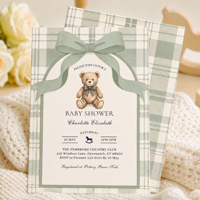 Sagegrön Plaid Gingham Teddybjörn Bebisbad Inbjudningar (Sage Green Plaid Teddy Bear Invitation)