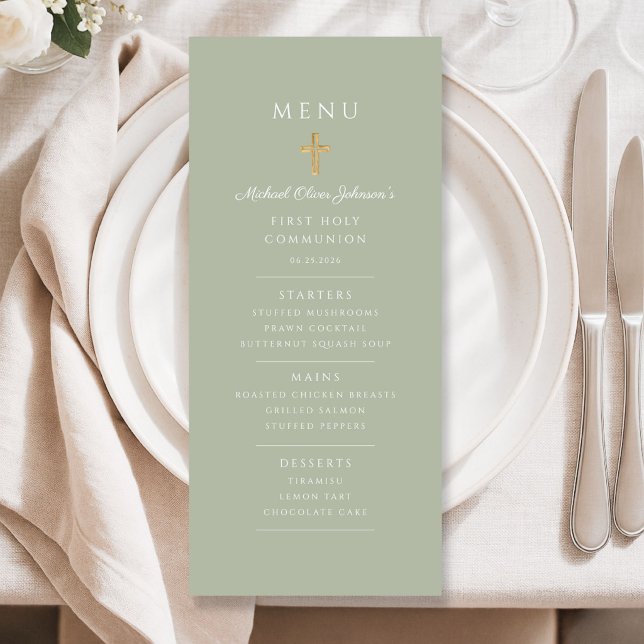Sagegrön pojke första kommunion meny (Sage Green Boy First Communion Menu)