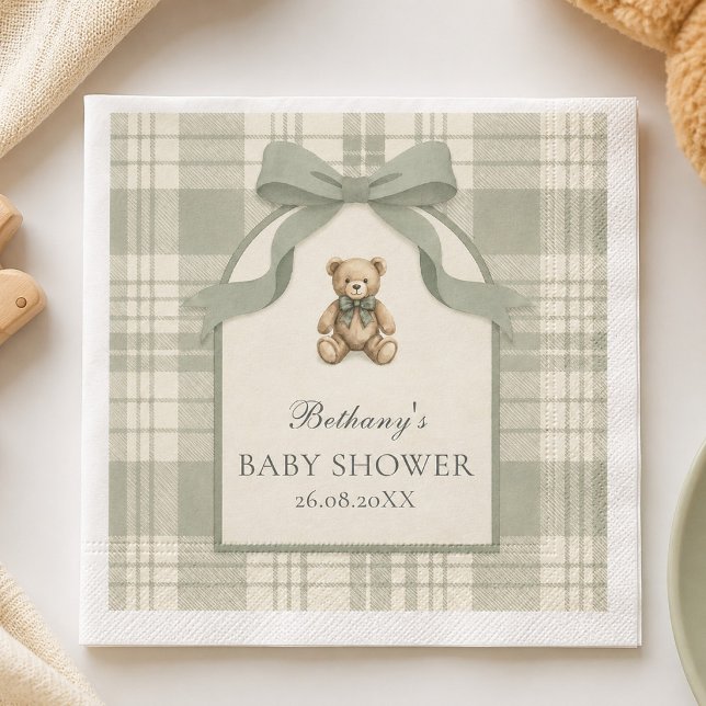 Sagegrön Preppy Gingham Teddybjörn Bebisshower Pappersservett (Sage Green Gingham Teddy Bear Paper Napkin)